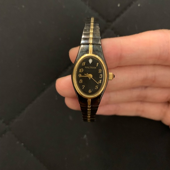 Waltham Vintage Diamond Accent Wrist Watch, Black And Gold